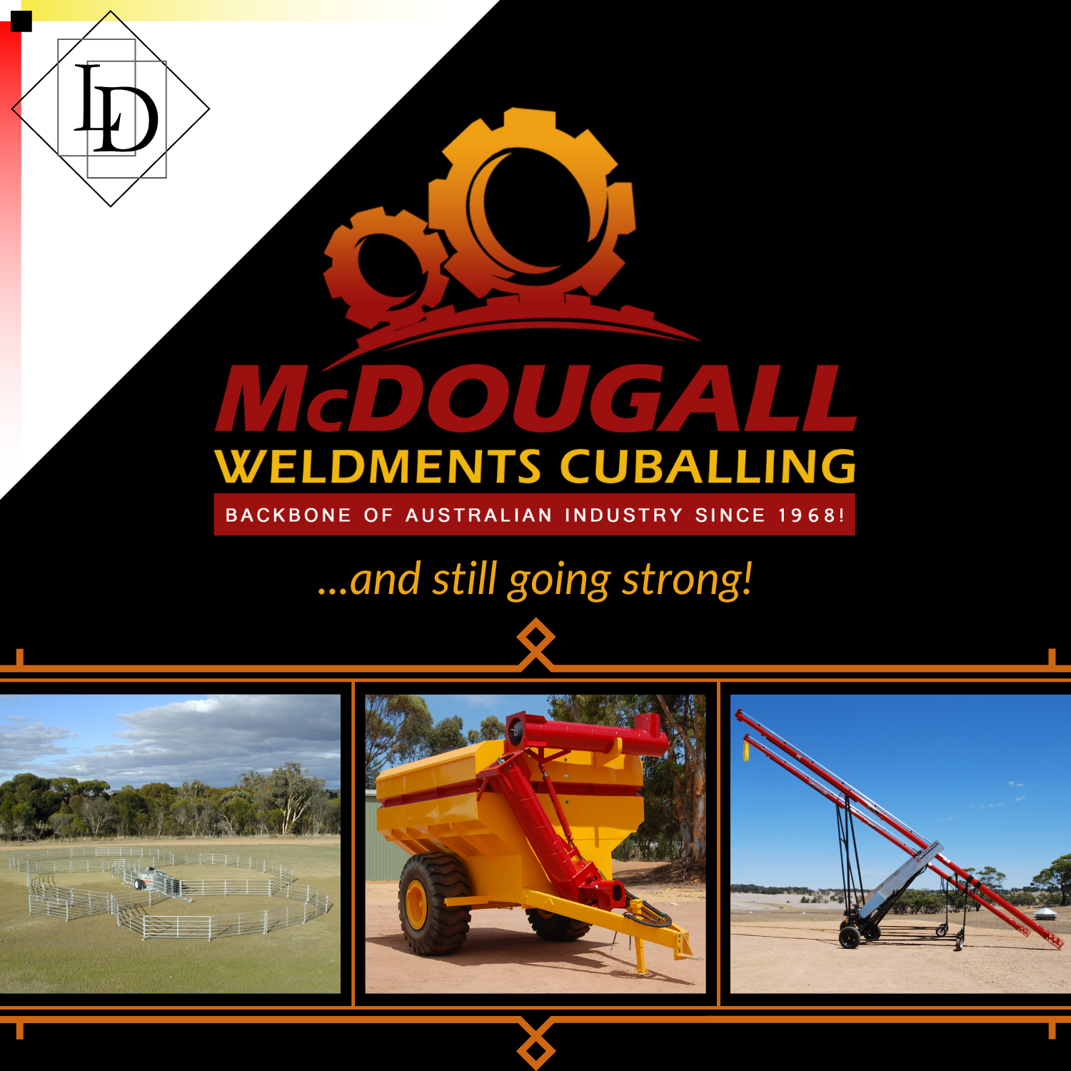 The image depicts the Logical Developments logo in the top left, and the McDougall Weldments logo in the upper centre along with it's slogan "Backbone of Australian Industry since 1968!". Immediately underneath, in the image centre, is a tag which reads "and still going strong!"
                In the lower half of the image, a stylised frame with three images is shown. The first image is of the McDougall Weldments mobile sheepyards, the second of a chaser bin, and the third is of an auger.